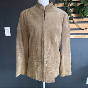 CHICO’S Genuine Leather Suede Jacket Tan Embroidered Zip Front Size 1